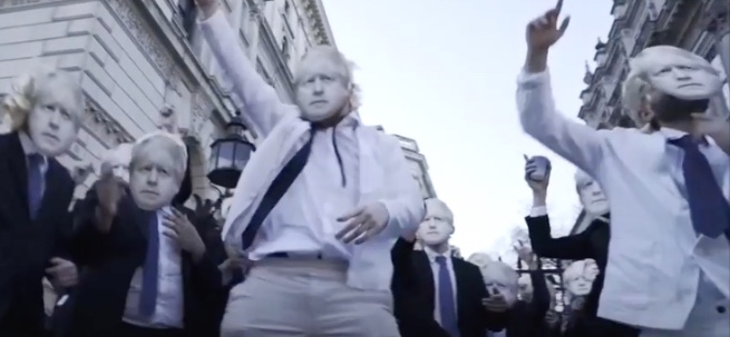 people in Boris Johnson masks partying in the street