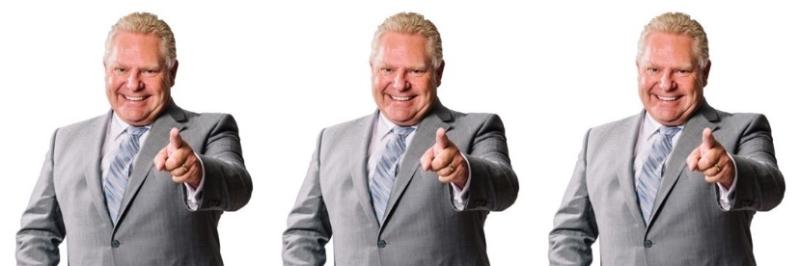 Doug Ford pointing and smiling in triplicate