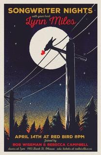 Poster for Red Bird show, with a bird high on a wire in front of a full moon with a heart in it's beak.