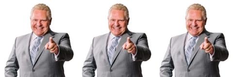 Doug Ford smiling demonically and pointing X 3